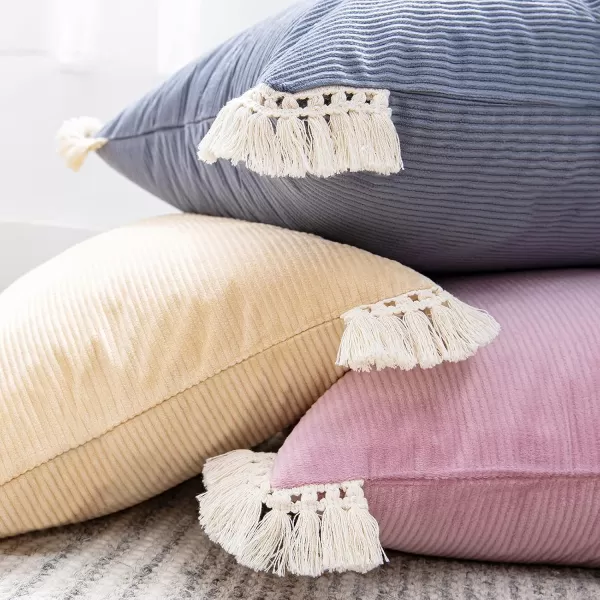 Phantoscope Pack of 2 Corduroy Pillow Covers Decorative Striped Velvet Throw Pillows with Cotton Tassels Soft Cushion Covers Pillowcases Off White 18 x 18 InchesDark Grey
