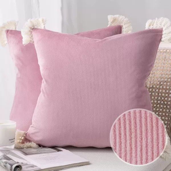 Phantoscope Pack of 2 Corduroy Pillow Covers Decorative Striped Velvet Throw Pillows with Cotton Tassels Soft Cushion Covers Pillowcases Off White 18 x 18 InchesPink Pearl