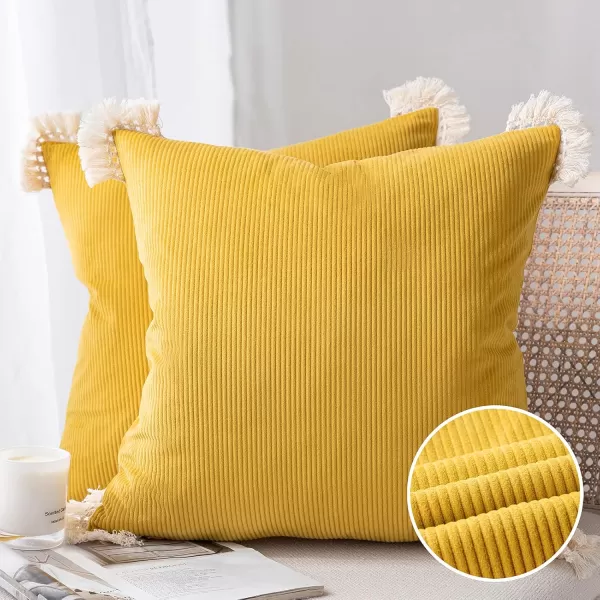 Phantoscope Pack of 2 Corduroy Pillow Covers Decorative Striped Velvet Throw Pillows with Cotton Tassels Soft Cushion Covers Pillowcases Off White 18 x 18 InchesMustard Yellow