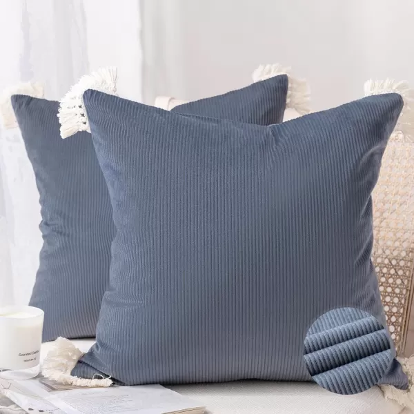 Phantoscope Pack of 2 Corduroy Pillow Covers Decorative Striped Velvet Throw Pillows with Cotton Tassels Soft Cushion Covers Pillowcases Off White 18 x 18 InchesSlate Grey