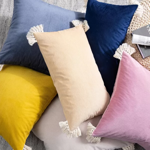 Phantoscope Pack of 2 Corduroy Pillow Covers Decorative Striped Velvet Throw Pillows with Cotton Tassels Soft Cushion Covers Pillowcases Off White 18 x 18 InchesPink Pearl