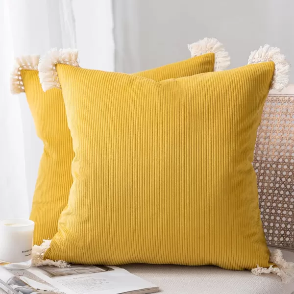 Phantoscope Pack of 2 Corduroy Pillow Covers Decorative Striped Velvet Throw Pillows with Cotton Tassels Soft Cushion Covers Pillowcases Off White 18 x 18 InchesMustard Yellow