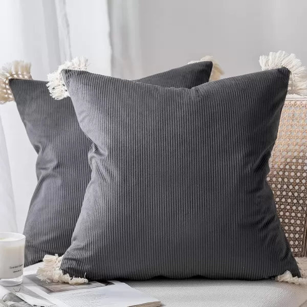 Phantoscope Pack of 2 Corduroy Pillow Covers Decorative Striped Velvet Throw Pillows with Cotton Tassels Soft Cushion Covers Pillowcases Off White 18 x 18 InchesDark Grey