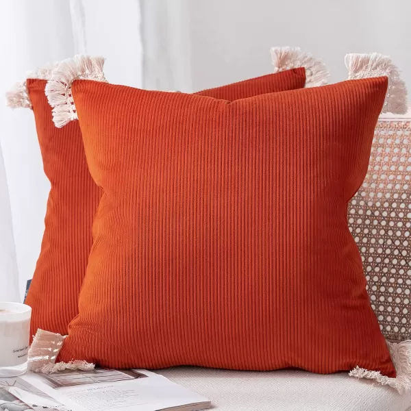 Phantoscope Pack of 2 Corduroy Pillow Covers Decorative Striped Velvet Throw Pillows with Cotton Tassels Soft Cushion Covers Pillowcases Off White 18 x 18 InchesDark Orange