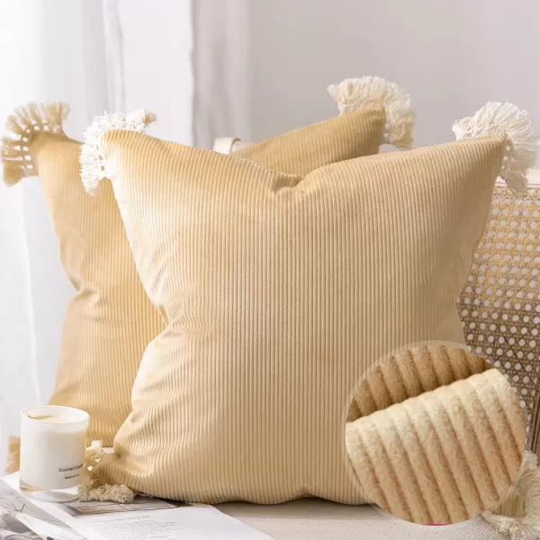 Phantoscope Pack of 2 Corduroy Pillow Covers Decorative Striped Velvet Throw Pillows with Cotton Tassels Soft Cushion Covers Pillowcases Off White 18 x 18 InchesWheat
