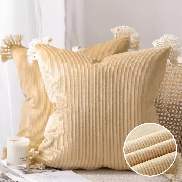 Phantoscope Pack of 2 Corduroy Pillow Covers Decorative Striped Velvet Throw Pillows with Cotton Tassels Soft Cushion Covers Pillowcases Off White 18 x 18 InchesWheat