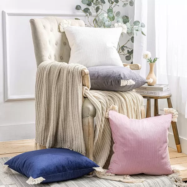 Phantoscope Pack of 2 Corduroy Pillow Covers Decorative Striped Velvet Throw Pillows with Cotton Tassels Soft Cushion Covers Pillowcases Off White 18 x 18 InchesSlate Grey