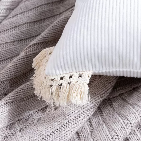Phantoscope Pack of 2 Corduroy Pillow Covers Decorative Striped Velvet Throw Pillows with Cotton Tassels Soft Cushion Covers Pillowcases Off White 18 x 18 InchesWhite