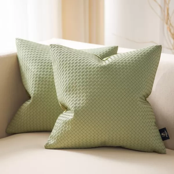 Phantoscope Pack of 2 Faux Leather Pillow Covers  Woven Leather Throw Pillows  Modern Outdoor Farmhouse Decorative Pillowcases Couch Pillows Dark Grey 18x18 InchesLight Green