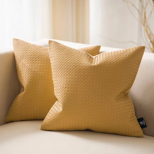 Phantoscope Pack of 2 Faux Leather Pillow Covers  Woven Leather Throw Pillows  Modern Outdoor Farmhouse Decorative Pillowcases Couch Pillows Dark Grey 18x18 InchesMustard Yellow