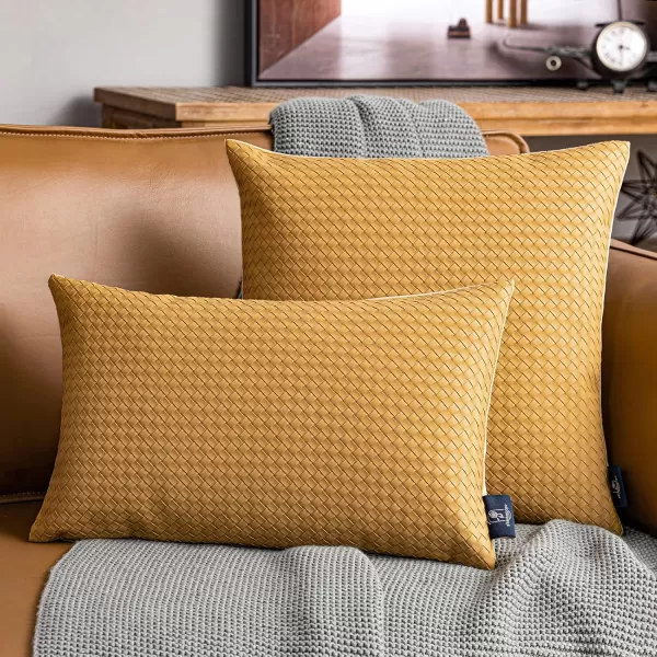 Phantoscope Pack of 2 Faux Leather Pillow Covers  Woven Leather Throw Pillows  Modern Outdoor Farmhouse Decorative Pillowcases Couch Pillows Dark Grey 18x18 InchesMustard Yellow
