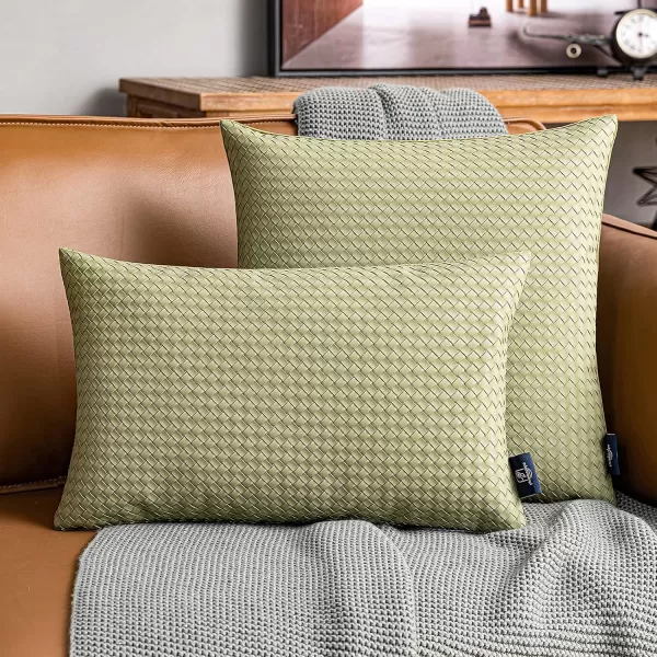 Phantoscope Pack of 2 Faux Leather Pillow Covers  Woven Leather Throw Pillows  Modern Outdoor Farmhouse Decorative Pillowcases Couch Pillows Dark Grey 18x18 InchesLight Green