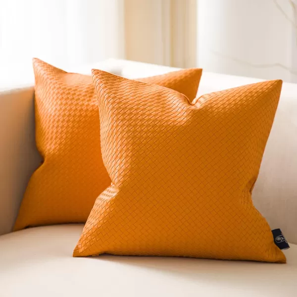 Phantoscope Pack of 2 Faux Leather Pillow Covers  Woven Leather Throw Pillows  Modern Outdoor Farmhouse Decorative Pillowcases Couch Pillows Dark Grey 18x18 InchesBurnt Orange