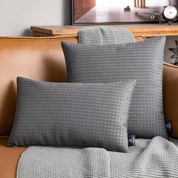 Phantoscope Pack of 2 Faux Leather Pillow Covers  Woven Leather Throw Pillows  Modern Outdoor Farmhouse Decorative Pillowcases Couch Pillows Dark Grey 18x18 InchesGrey