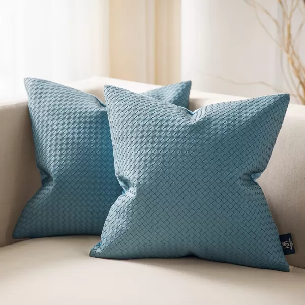 Phantoscope Pack of 2 Faux Leather Pillow Covers  Woven Leather Throw Pillows  Modern Outdoor Farmhouse Decorative Pillowcases Couch Pillows Dark Grey 18x18 InchesTeal Blue