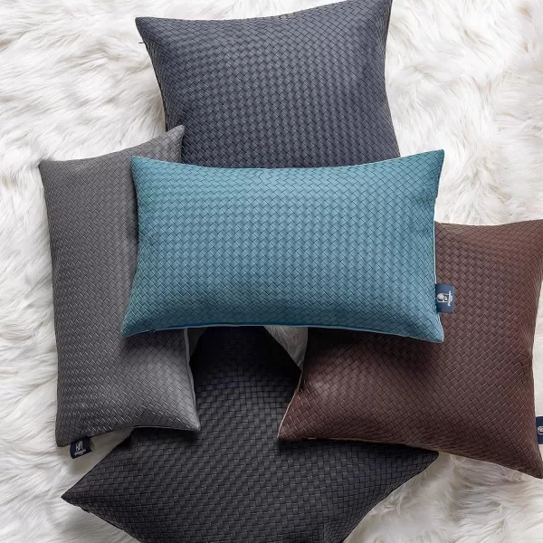 Phantoscope Pack of 2 Faux Leather Pillow Covers  Woven Leather Throw Pillows  Modern Outdoor Farmhouse Decorative Pillowcases Couch Pillows Dark Grey 18x18 InchesTeal Blue