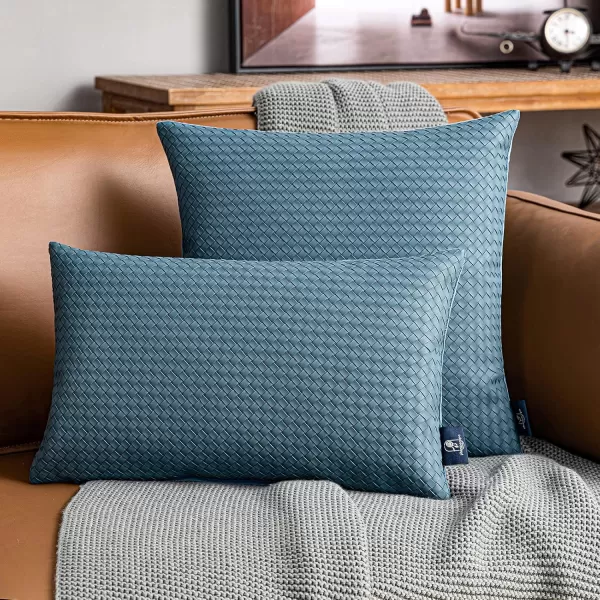 Phantoscope Pack of 2 Faux Leather Pillow Covers  Woven Leather Throw Pillows  Modern Outdoor Farmhouse Decorative Pillowcases Couch Pillows Dark Grey 18x18 InchesTeal Blue
