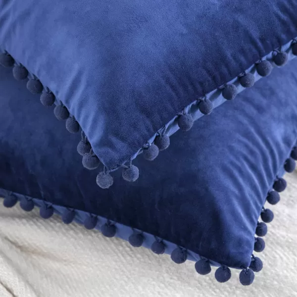 Phantoscope Pack of 2 Pom Poms Velvet Decorative Throw Pillow Covers Soft Solid Square Cushion Case Pillow Decor Navy Blue 18 x 18 inches 45 x 45 cmNavy Blue