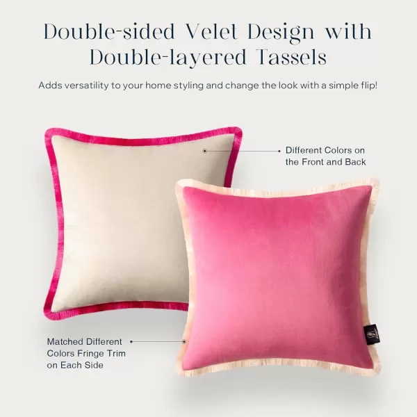 Phantoscope Pack of 2 Velvet Decorative Throw Pillow Covers DoubleSided Tassel Trimmed Design Soft Luxury Velvet Pillows Square Cushion Case for Couch Sofa Bed Brown 18 x 18 inches 45 x 45 cmPinkCream