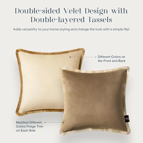 Phantoscope Pack of 2 Velvet Decorative Throw Pillow Covers DoubleSided Tassel Trimmed Design Soft Luxury Velvet Pillows Square Cushion Case for Couch Sofa Bed Brown 18 x 18 inches 45 x 45 cmCoffeeCream