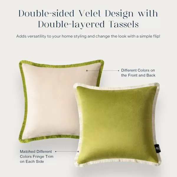 Phantoscope Pack of 2 Velvet Decorative Throw Pillow Covers DoubleSided Tassel Trimmed Design Soft Luxury Velvet Pillows Square Cushion Case for Couch Sofa Bed Brown 18 x 18 inches 45 x 45 cmGreenCream