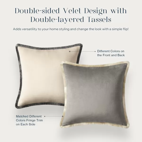 Phantoscope Pack of 2 Velvet Decorative Throw Pillow Covers DoubleSided Tassel Trimmed Design Soft Luxury Velvet Pillows Square Cushion Case for Couch Sofa Bed Brown 18 x 18 inches 45 x 45 cmGreyCream