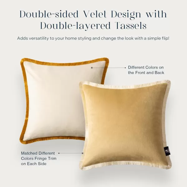 Phantoscope Pack of 2 Velvet Decorative Throw Pillow Covers DoubleSided Tassel Trimmed Design Soft Luxury Velvet Pillows Square Cushion Case for Couch Sofa Bed Brown 18 x 18 inches 45 x 45 cmBeigeCream
