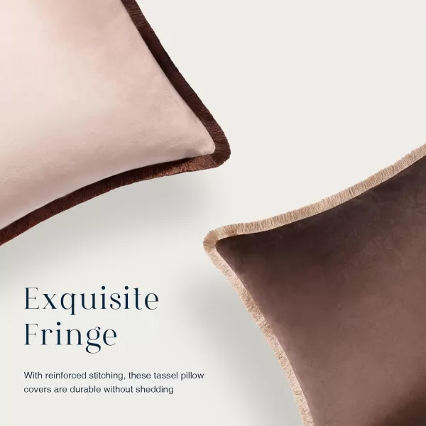 Phantoscope Pack of 2 Velvet Decorative Throw Pillow Covers DoubleSided Tassel Trimmed Design Soft Luxury Velvet Pillows Square Cushion Case for Couch Sofa Bed Brown 18 x 18 inches 45 x 45 cmBrownCream