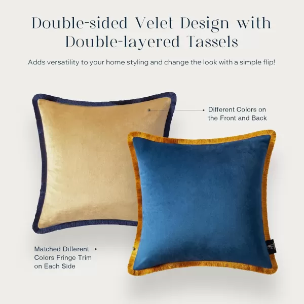 Phantoscope Pack of 2 Velvet Decorative Throw Pillow Covers DoubleSided Tassel Trimmed Design Soft Luxury Velvet Pillows Square Cushion Case for Couch Sofa Bed Brown 18 x 18 inches 45 x 45 cmNavyBeige