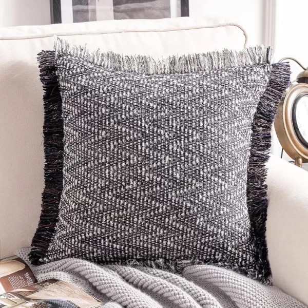 Phantoscope Decorative Boho Throw Pillow with Pillow Insert Included Hand Woven Textured Pillow Cover with Fringe Trim Modern Farmhouse Square Cushion Pillow Black 18 x 18 InchesBlack
