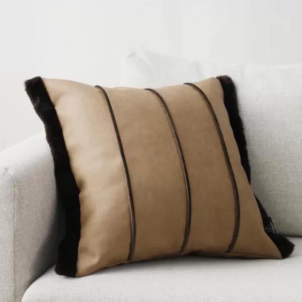 Phantoscope Faux Leather Throw Pillow Cover Luxury Faux Rabbit Fur Decorative Pillow Covers Soft Square Pillowcases Cushion Covers for Bedroom Living Room Light Brown 18 x 18 Inches