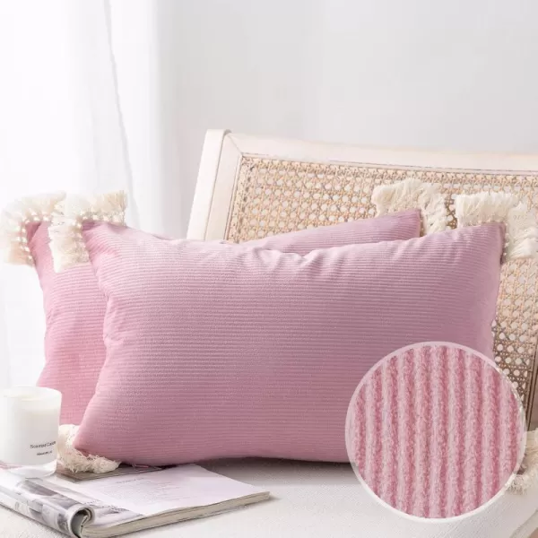 Phantoscope Pack of 2 Corduroy Pillow Covers Decorative Striped Velvet Throw Pillows with Cotton Tassels Soft Cushion Covers Pillowcases Off White 18 x 18 InchesPink Pearl