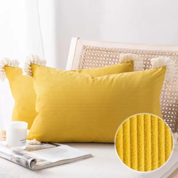 Phantoscope Pack of 2 Corduroy Pillow Covers Decorative Striped Velvet Throw Pillows with Cotton Tassels Soft Cushion Covers Pillowcases Off White 18 x 18 InchesMustard Yellow