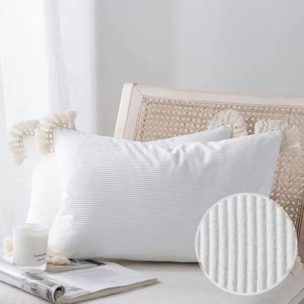 Phantoscope Pack of 2 Corduroy Pillow Covers Decorative Striped Velvet Throw Pillows with Cotton Tassels Soft Cushion Covers Pillowcases Off White 18 x 18 InchesWhite