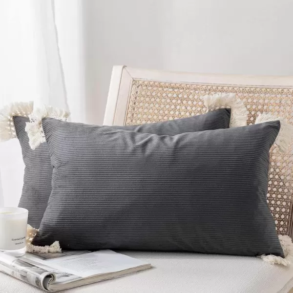 Phantoscope Pack of 2 Corduroy Pillow Covers Decorative Striped Velvet Throw Pillows with Cotton Tassels Soft Cushion Covers Pillowcases Off White 18 x 18 InchesDark Grey