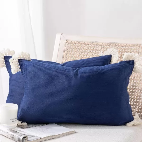 Phantoscope Pack of 2 Corduroy Pillow Covers Decorative Striped Velvet Throw Pillows with Cotton Tassels Soft Cushion Covers Pillowcases Off White 18 x 18 InchesNavy Blue