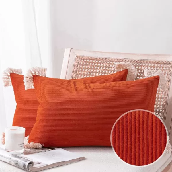 Phantoscope Pack of 2 Corduroy Pillow Covers Decorative Striped Velvet Throw Pillows with Cotton Tassels Soft Cushion Covers Pillowcases Off White 18 x 18 InchesDark Orange