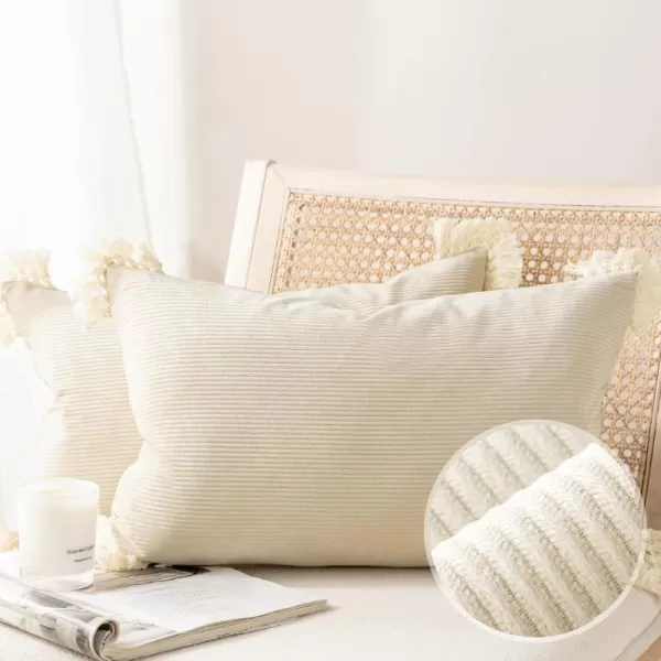 Phantoscope Pack of 2 Corduroy Pillow Covers Decorative Striped Velvet Throw Pillows with Cotton Tassels Soft Cushion Covers Pillowcases Off White 18 x 18 InchesOff White