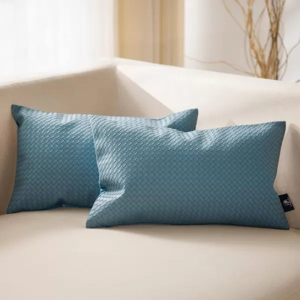 Phantoscope Pack of 2 Faux Leather Pillow Covers  Woven Leather Throw Pillows  Modern Outdoor Farmhouse Decorative Pillowcases Couch Pillows Dark Grey 18x18 InchesTeal Blue