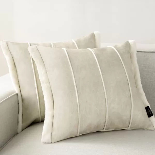 Phantoscope Pack of 2 Faux Leather Throw Pillow Covers Luxury Faux Rabbit Fur Decorative Pillow Cover Modern Square Soft Cushion Covers for Bedroom Living Room Pillowcase Beige 18 x 18 Inches