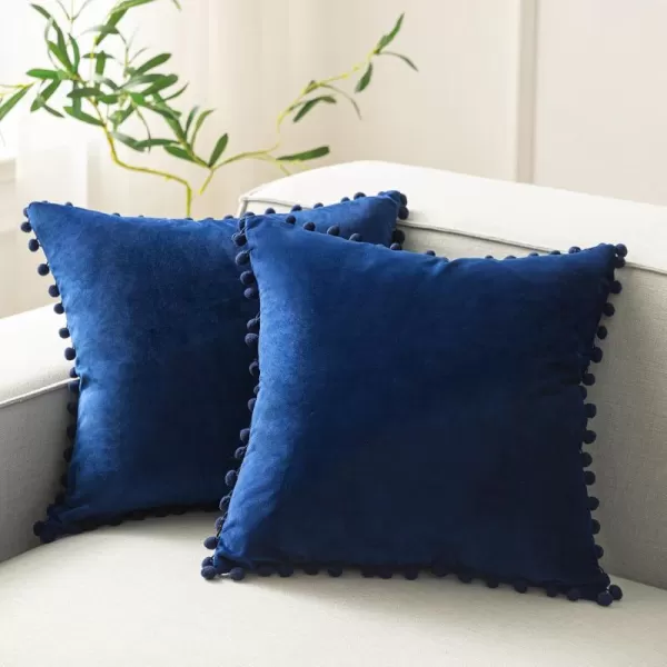 Phantoscope Pack of 2 Pom Poms Velvet Decorative Throw Pillow Covers Soft Solid Square Cushion Case Pillow Decor Navy Blue 18 x 18 inches 45 x 45 cmNavy Blue