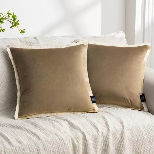 Phantoscope Pack of 2 Velvet Decorative Throw Pillow Covers DoubleSided Tassel Trimmed Design Soft Luxury Velvet Pillows Square Cushion Case for Couch Sofa Bed Brown 18 x 18 inches 45 x 45 cmCoffeeCream