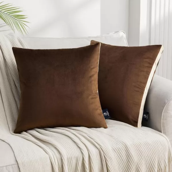 Phantoscope Pack of 2 Velvet Decorative Throw Pillow Covers DoubleSided Tassel Trimmed Design Soft Luxury Velvet Pillows Square Cushion Case for Couch Sofa Bed Brown 18 x 18 inches 45 x 45 cmDeep Coffee