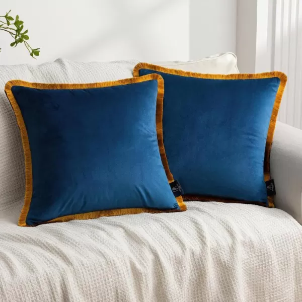 Phantoscope Pack of 2 Velvet Decorative Throw Pillow Covers DoubleSided Tassel Trimmed Design Soft Luxury Velvet Pillows Square Cushion Case for Couch Sofa Bed Brown 18 x 18 inches 45 x 45 cmNavyBeige
