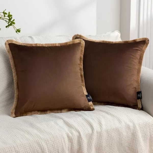 Phantoscope Pack of 2 Velvet Decorative Throw Pillow Covers DoubleSided Tassel Trimmed Design Soft Luxury Velvet Pillows Square Cushion Case for Couch Sofa Bed Brown 18 x 18 inches 45 x 45 cmBrownCream