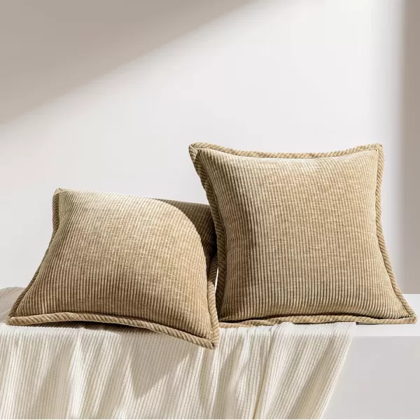 Phantoscope Pack of 2 Corduroy Decorative Pillow Covers Soft Corduroy Velvet Solid Square Cushion Case for Couch Beige 18 x 18 inches 45 x 45 cmLight Brown