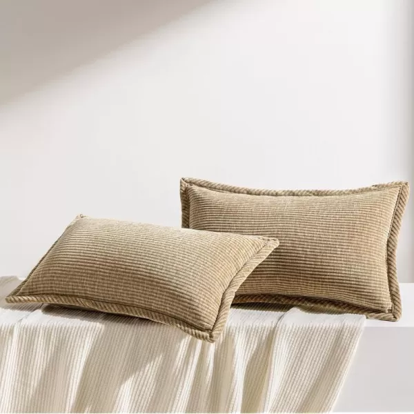 Phantoscope Pack of 2 Corduroy Decorative Pillow Covers Soft Corduroy Velvet Solid Square Cushion Case for Couch Beige 18 x 18 inches 45 x 45 cmLight Brown
