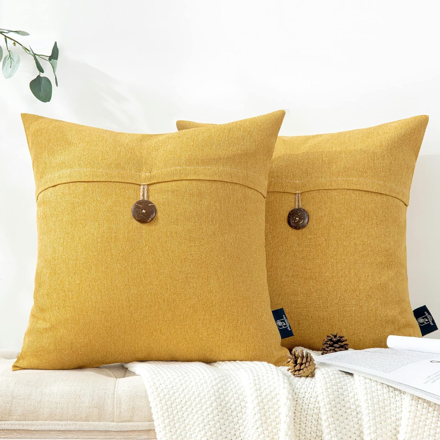 Phantoscope Pack of 2 Farmhouse Throw Pillow Covers Button Vintage Linen Decorative Pillow Cases for Couch Bed and Chair Beige 18 x 18 inches 45 x 45 cmMustard Yellow