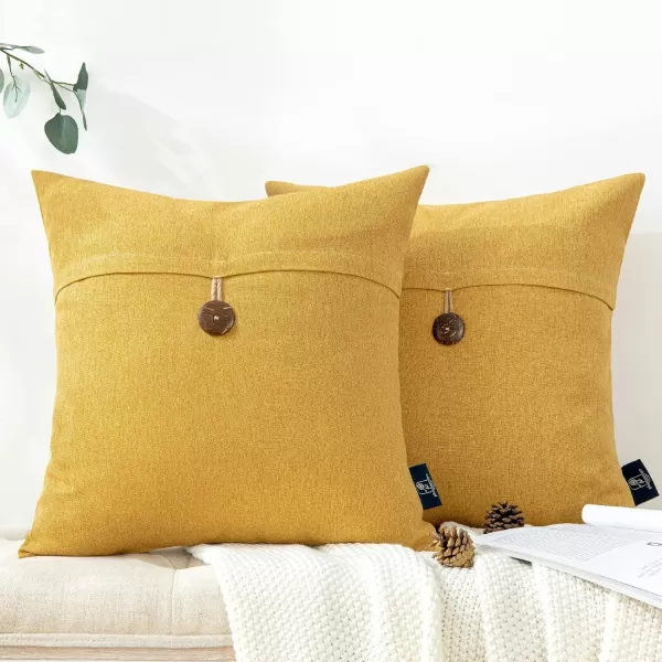 Phantoscope Pack of 2 Farmhouse Throw Pillow Covers Button Vintage Linen Decorative Pillow Cases for Couch Bed and Chair Beige 18 x 18 inches 45 x 45 cmMustard Yellow
