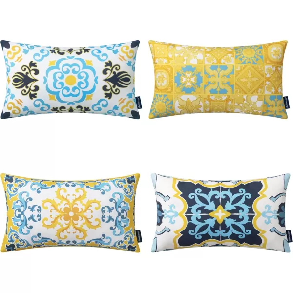 imagePhantoscope Set of 4 Outdoor Waterproof Throw Pillow CoversGeometric Decorative Boho Farmhouse Outdoor Pillows Cushion Case for Home Patio Furnitures Tent Sunbrella Blue and Green 18x18 InchesNavyBlueYellow